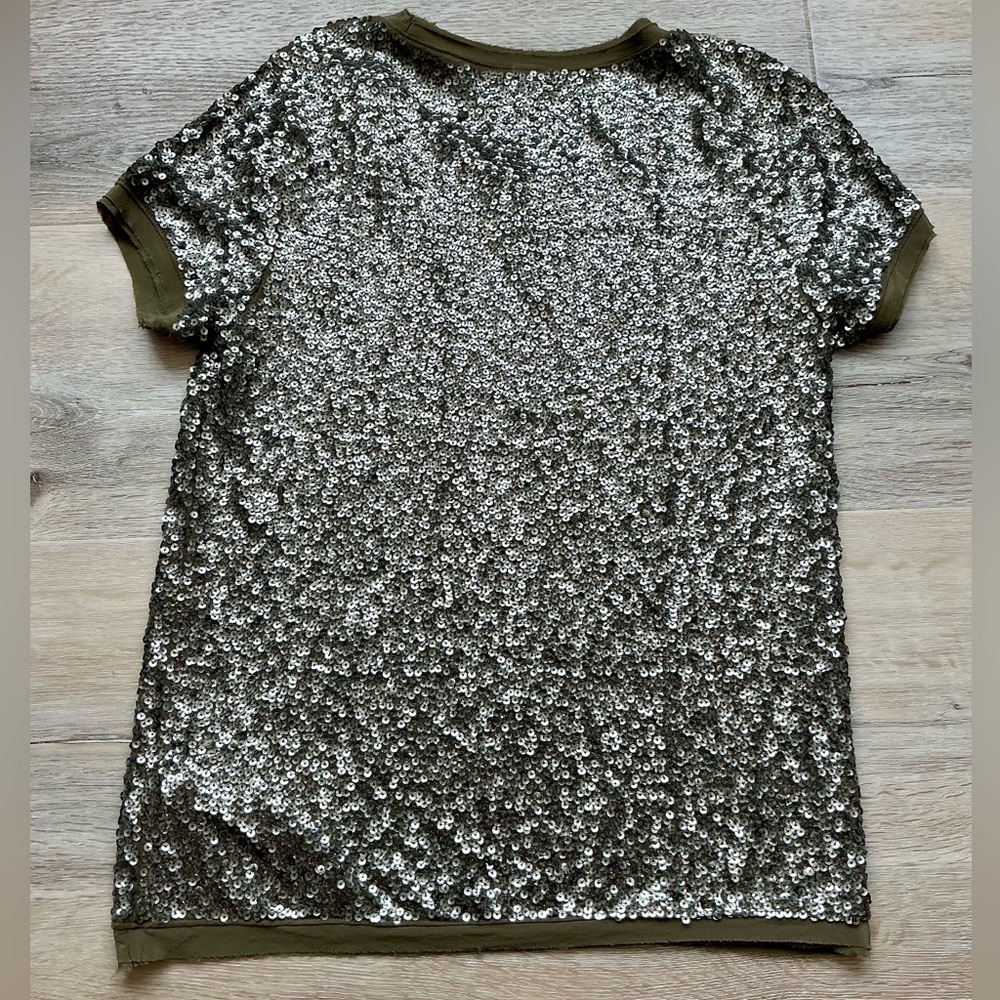 J. Crew EUC Olive Green Sequin Embellished Short Sleeve Top Shirt Blouse Size M - Picture 5 of 8